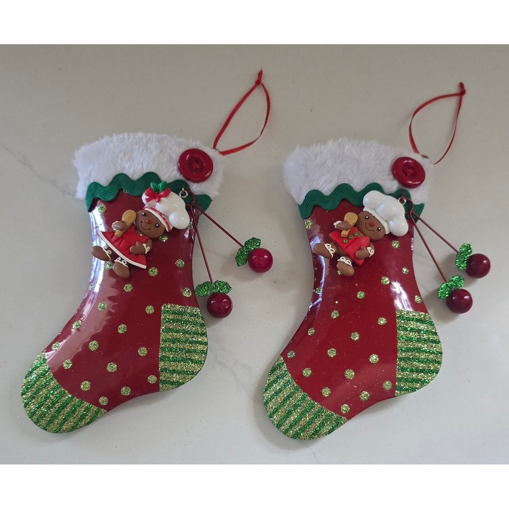 New Kurt Adler Set of 2 Gingerbread Metal Christmas Stocking Ornaments Glitter